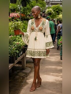 NWT CHARMING Cream Boho Long-Sleeve V-Neck Dress with Olive & Mocha Embroidery